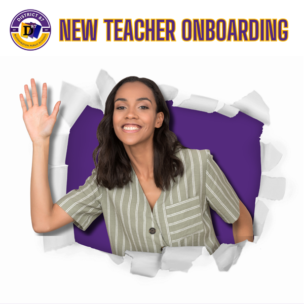 Graphic of a woman waving with the text "New Teacher Onboarding"