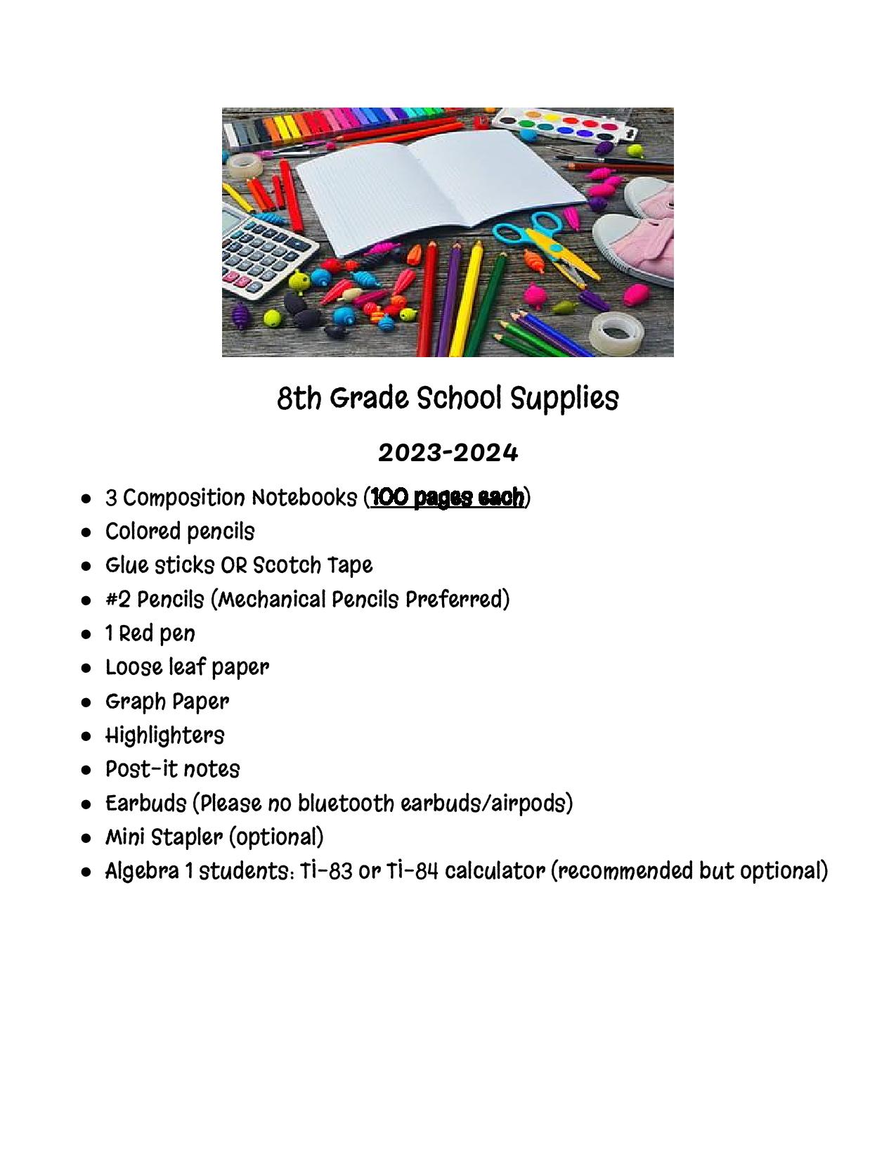 8th Grade Supply List