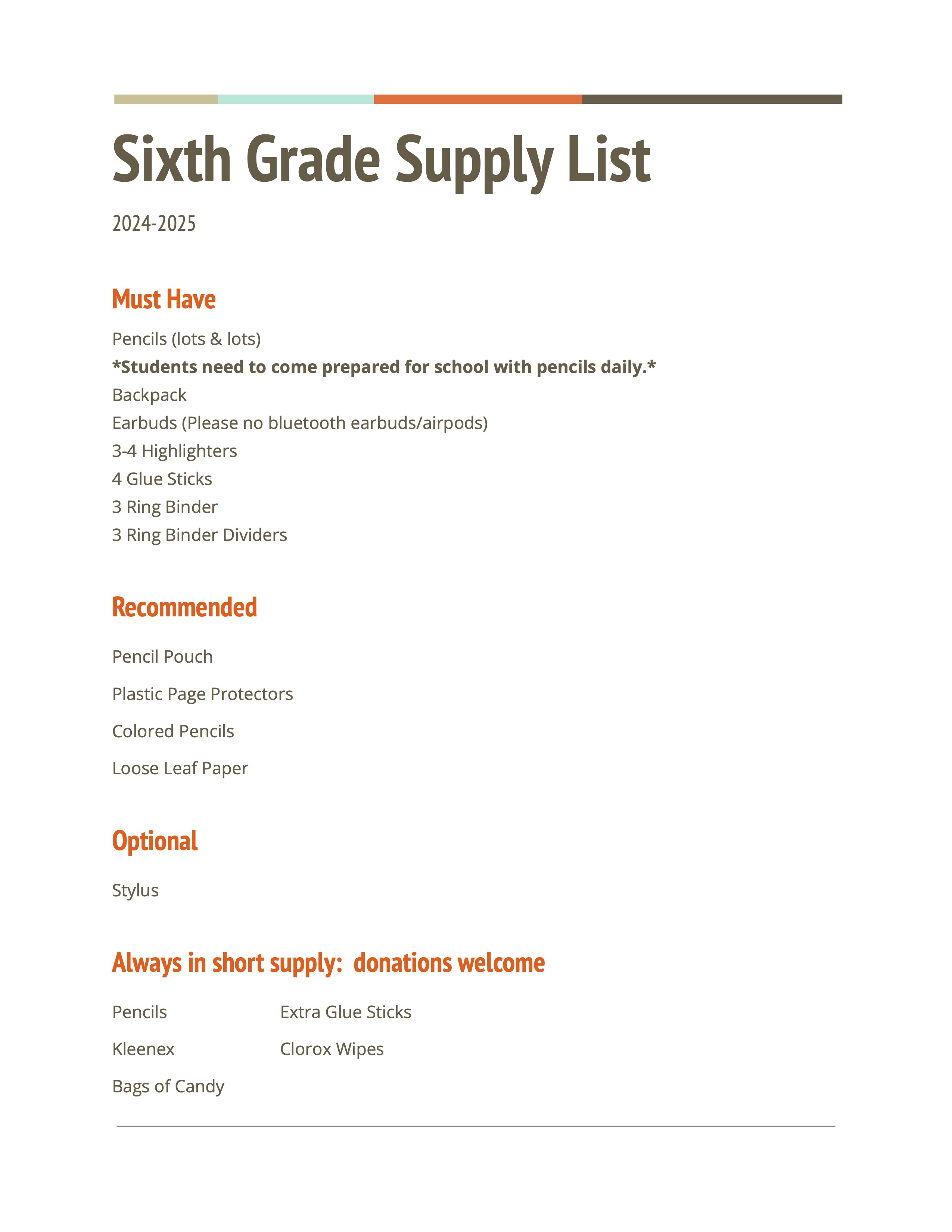 6th Supply List