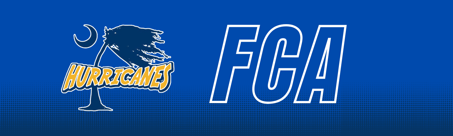 Blue banner graphic for the Fellowship of Christian Athletes at Wren High School. The left side features the Hurricanes logo with a windswept tree and crescent moon in blue, white, and gold. Large outlined white letters across the center read “FCA.” A dark blue halftone dot pattern runs along the lower section of the banner.