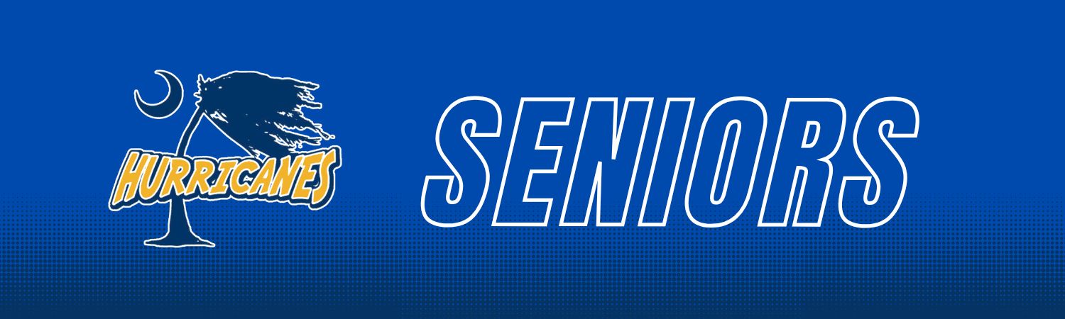 Blue Wren High School “Seniors” banner graphic labeled “CAFETERIA” in large outlined white lettering. The background features a blue gradient with a dotted halftone pattern across the lower half. The Hurricanes palm tree logo appears on the left side in blue, gold, and white school colors.