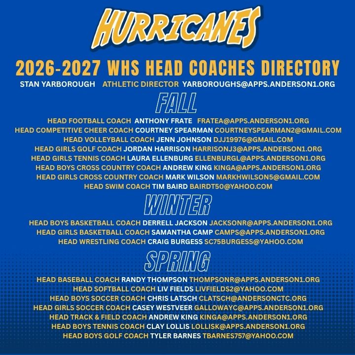 Graphic titled “2026–2027 WHS Head Coaches Directory” with the Hurricanes logo at the top on a blue background. The graphic lists the athletic director and head coaches for Wren High School fall, winter, and spring sports programs along with their email addresses.
