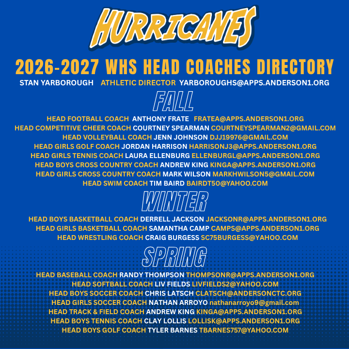 Graphic titled “2026–2027 WHS Head Coaches Directory” with the Hurricanes logo at the top on a blue background. The graphic lists the athletic director and head coaches for Wren High School fall, winter, and spring sports programs along with their email addresses.