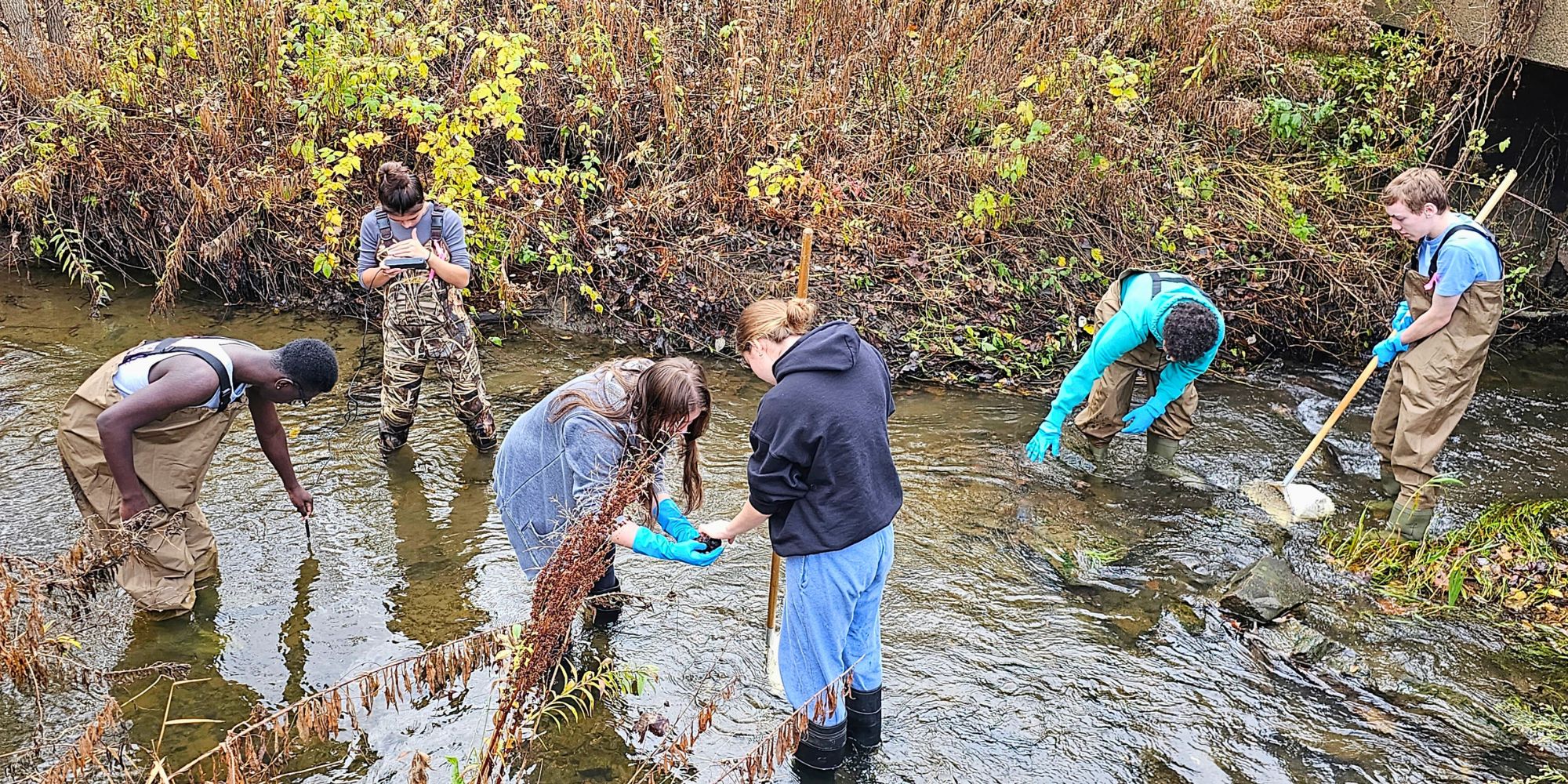 students in the river testing water 