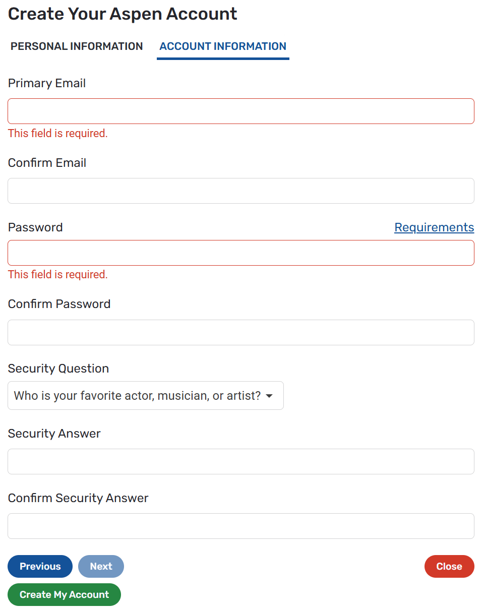 account creation fields