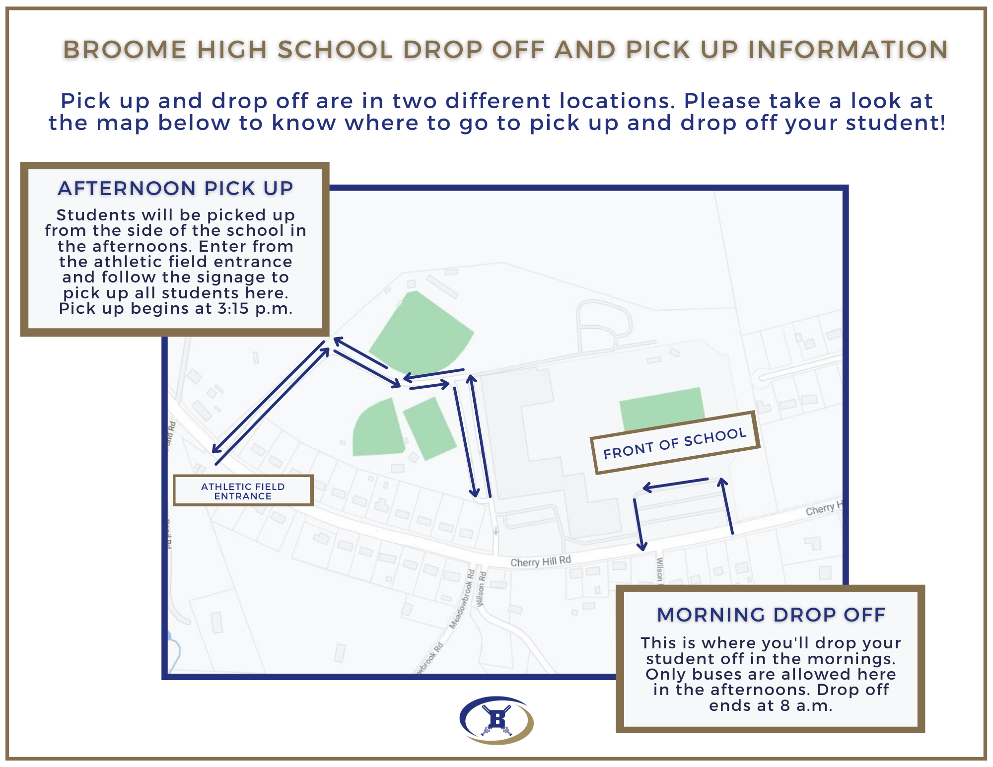 BROOME HIGH SCHOOL DROP OFF AND PICK UP INFORMATION Pick up and drop off are in two different locations. Please take a look at the map below to know where to go to pick up and drop off your student!  AFTERNOON PICK UP Students will be picked up from the side of the school in the afternoons. Enter from the athletic field entrance and follow the signage to pick up all students here. Pick up begins at 3:15 p.m.  . Cherry Hill Rd :  MORNING DROP OFFS This is where you'll drop your s student off in the mornings. iOnly buses are allowed here in the afternoons. Drop off CK. ends at 8 a.m. # 9)