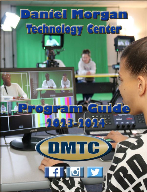 DMTC program guide showing students reviewing film in a green screen studio