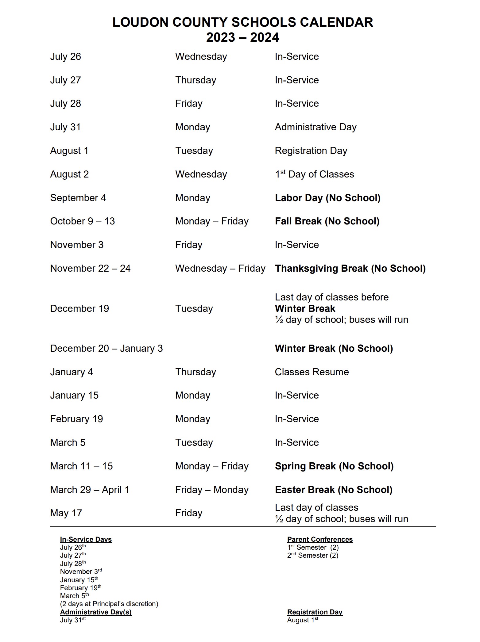 School Calendar Loudon County Schools, TN