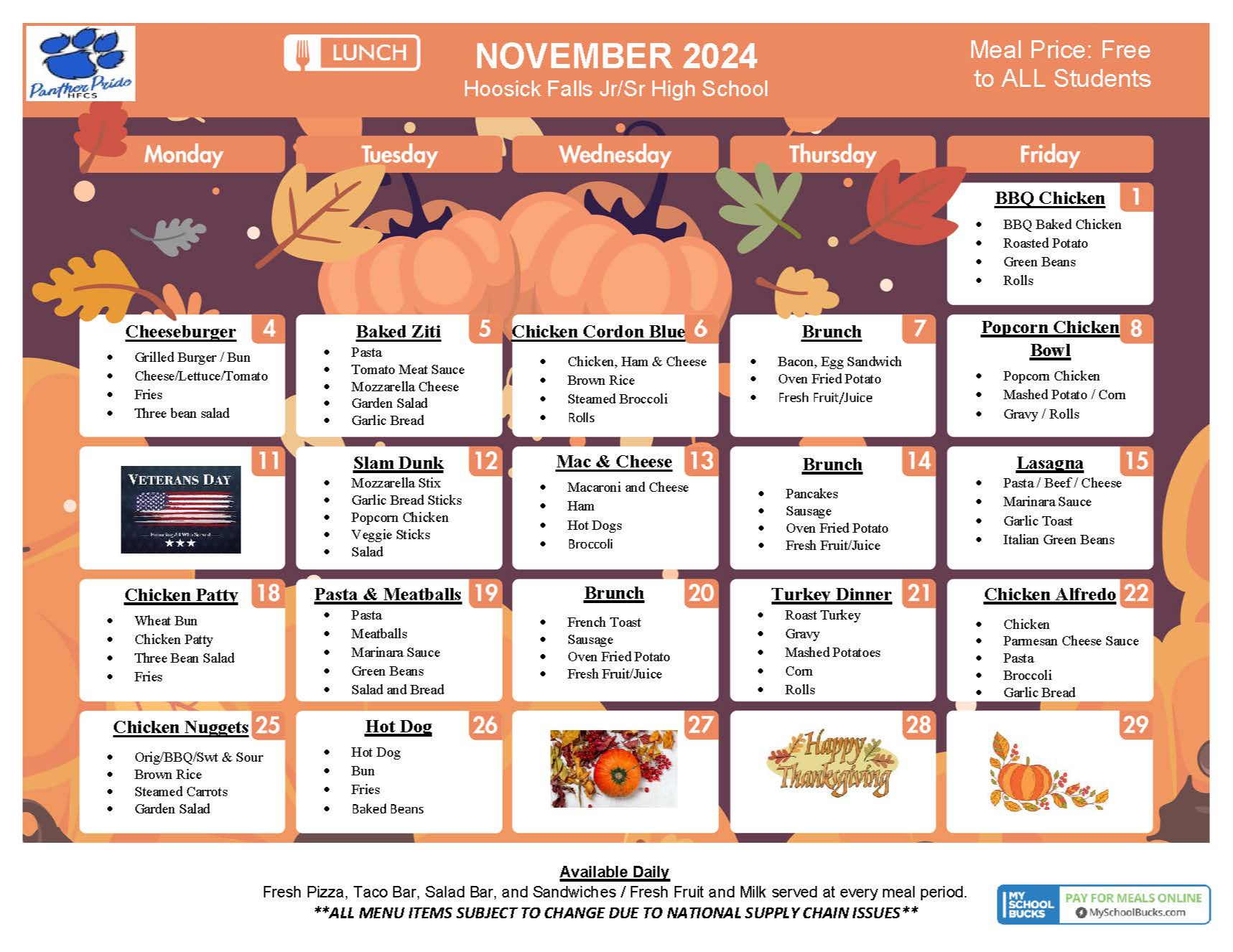 hs november lunch menu