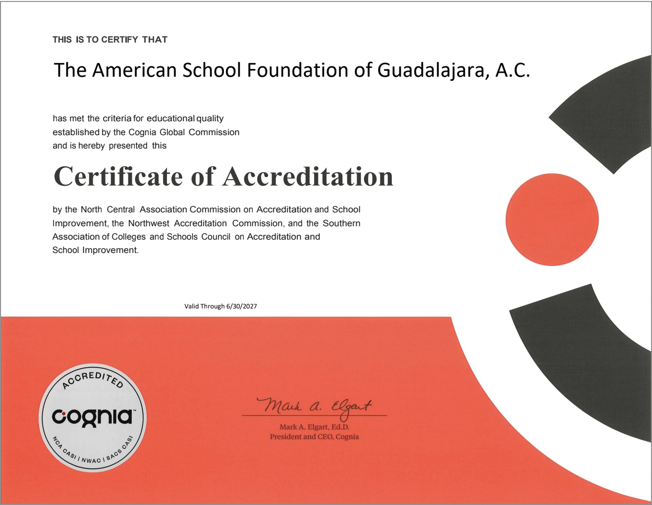 Cognia Accreditation Certificate