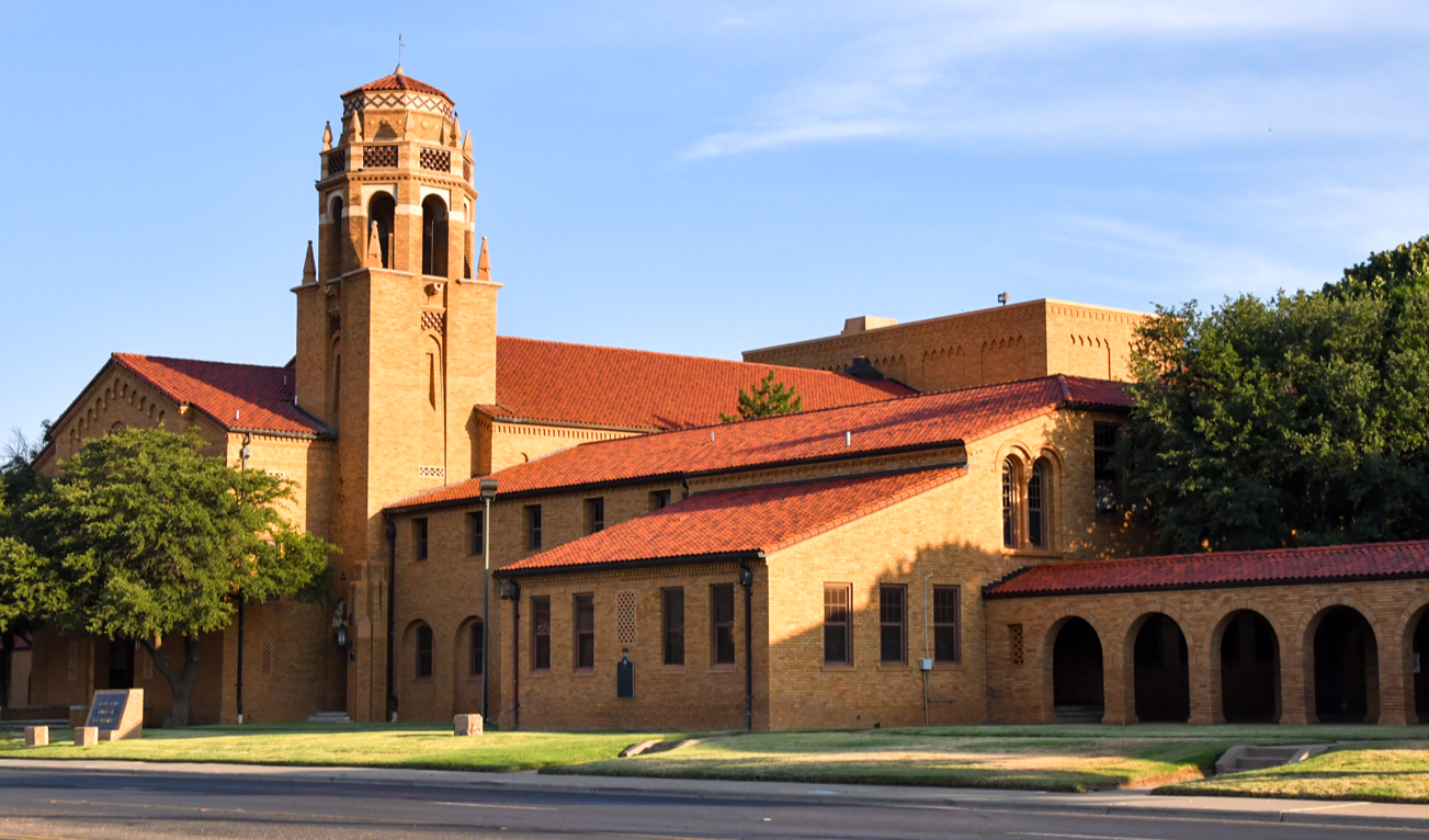 Lubbock High School Exterior at sunset