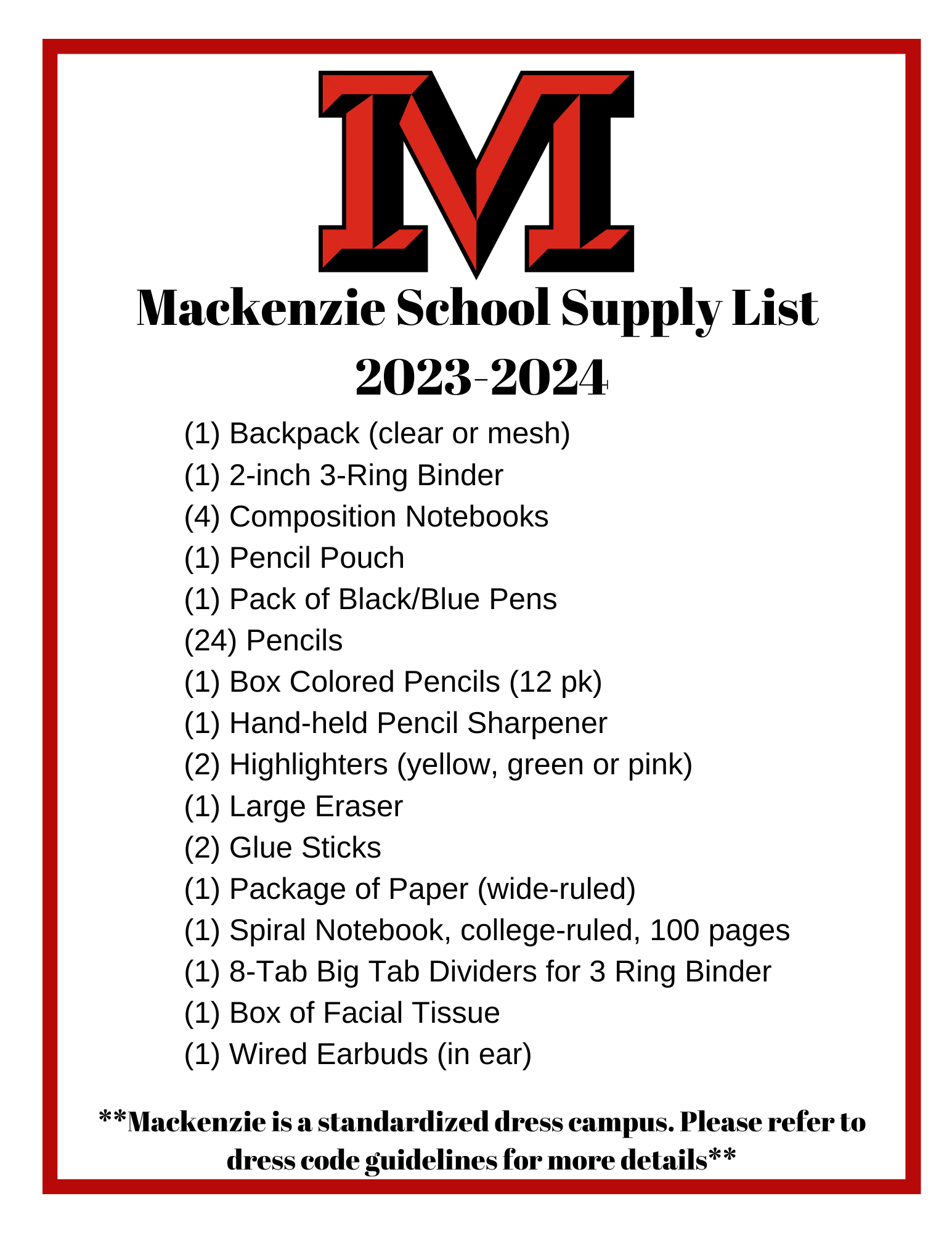 School Opening Information / School Supply Guide
