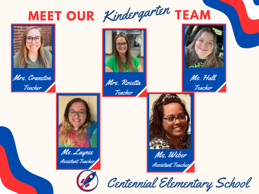 Meet our Kinder Team header. Two rows of boxes total of five boxes, three on top and two on the bottom with staff pictures. Box one row one, picture of Mrs. Cranston captioned Teacher. Box two row one, picture of Ms. Rosetta captioned Teacher. Box three row one picture of Ms. Hall captioned Teacher. Row two box one, picture of Mrs. Laynee captioned Assistant Teacher. Row two box two, picture of Ms. Weber captioned Assistant Teacher. School rocket logo. Centennial Elementary School.