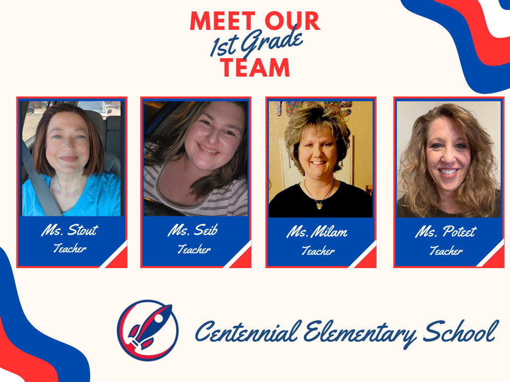 Meet our first grade team header. Four boxes with staff pictures. Box one picture of Ms.Stout captioned Teacher. Box two, picture of Ms. Seib, captioned Teacher. Box three Ms. Milam captioned Teacher. Box four, Ms. Poteet captioned Teacher.