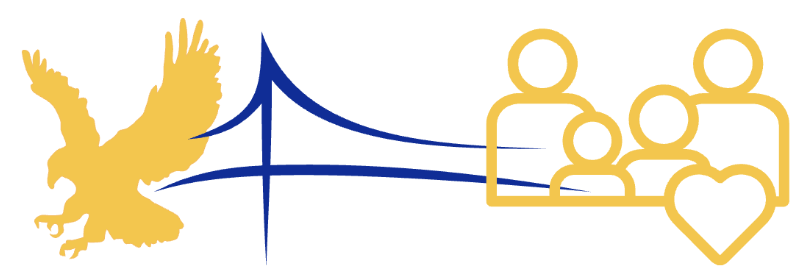 Blue bridge linking yellow graphic of an Eagle and a yellow graphic of a family