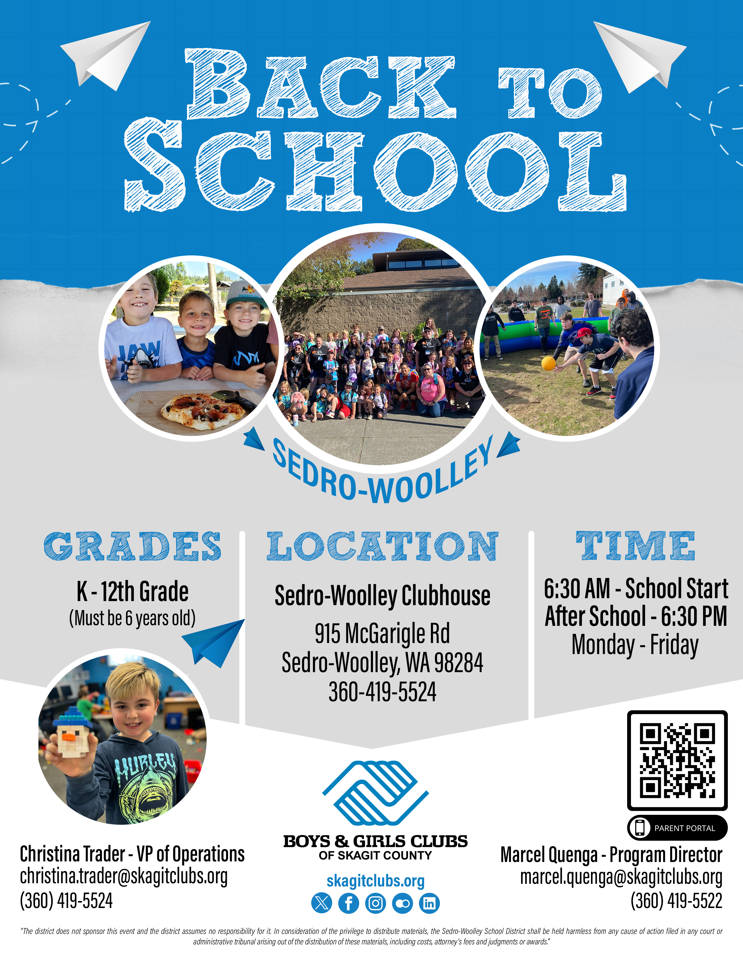 Looking for Before or After School Child Care?  The Sedro-Woolley Boys & Girls Club provides a safe and engaging environment for your children, offering care from 6:30 a.m. until school starts and after school until 6:30 p.m.  Conveniently located near Cascade Middle School at 915 McGarigle Road, Sedro-Woolley, WA 98284, the club is a great option for families needing reliable childcare before or after school hours.  For more information, call 360-419-5524 or visit skagitclubs.org.  Please note: The Boys & Girls Clubs of Skagit County are not affiliated with the Sedro-Woolley School District.