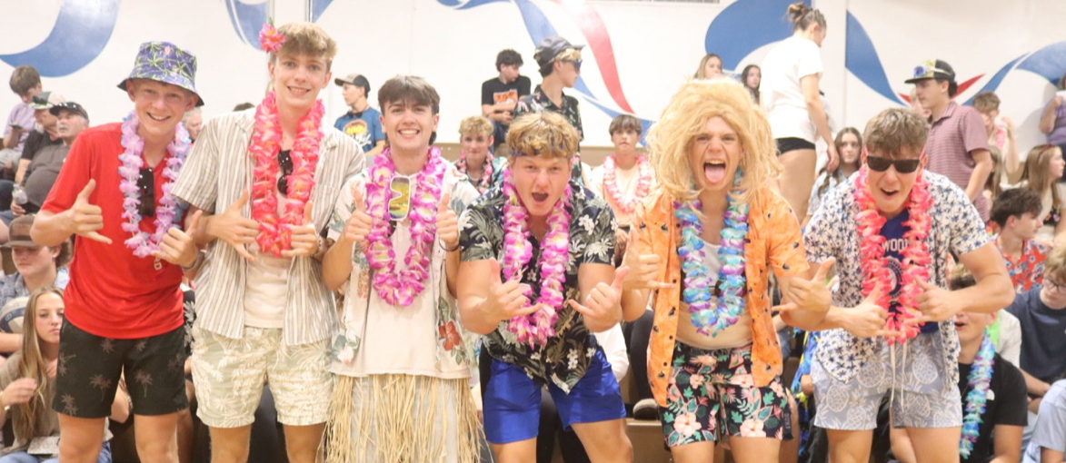 Fans at a volleyball game dressed in Hawaiian shirts and leis. 