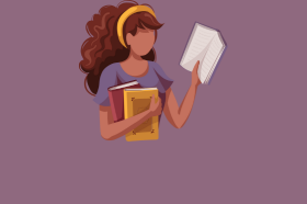Graphic of woman with books