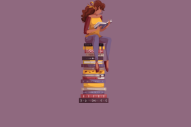 Graphic of woman sitting on books