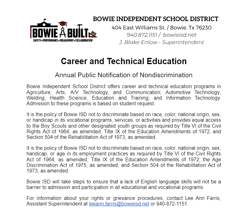 Bowie ISD Non-Discrimination Notice 