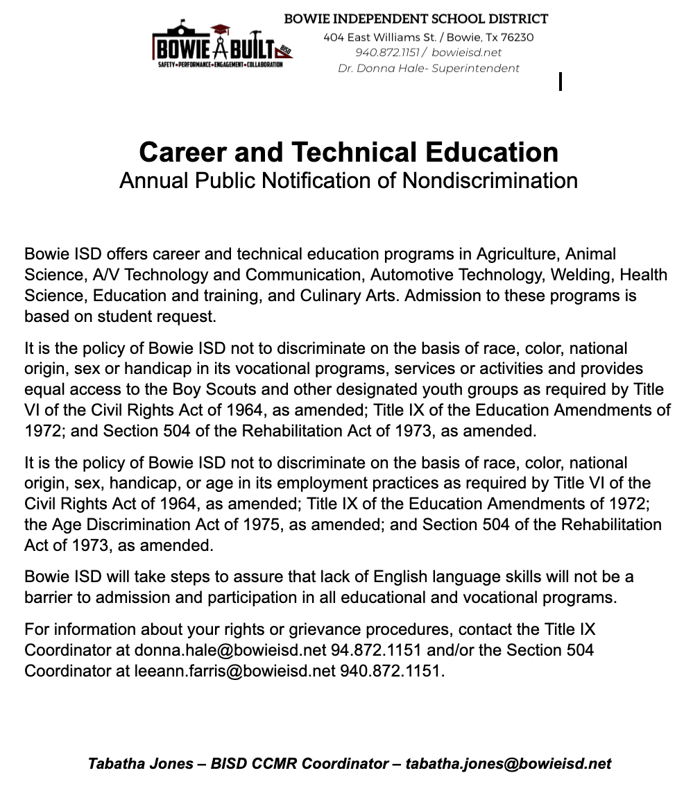 Bowie ISD Non-Discrimination Notice