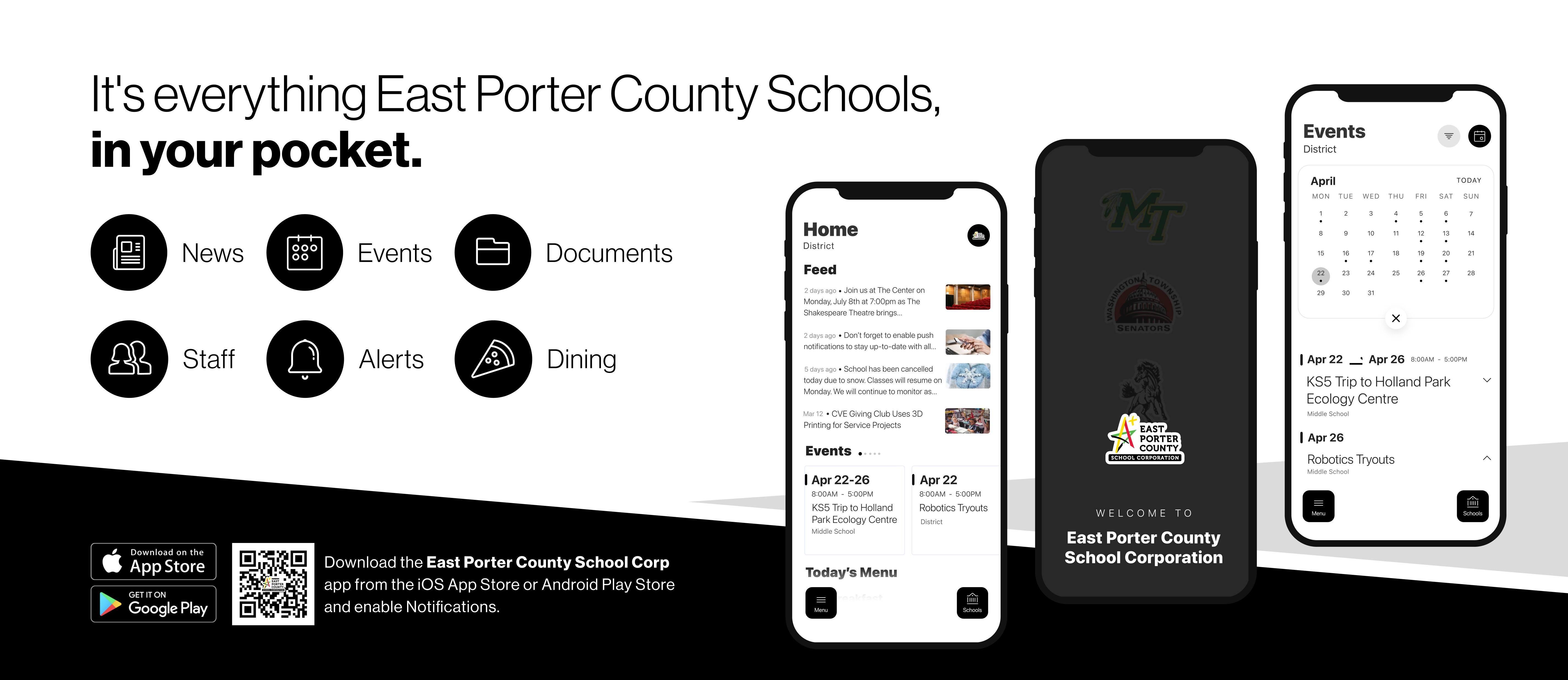 Promotional image for the school app. Its everything East Porter County Schools in your pocket   District News Events Documents Feed Staff Alerts Download the East Porter County School Corp app from the iOS App Store or Android Play Store