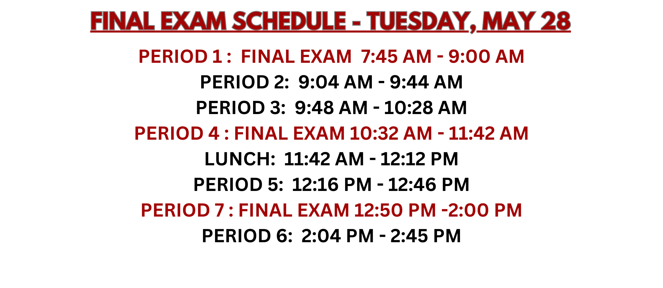 Tuesday Final Exam Schedule