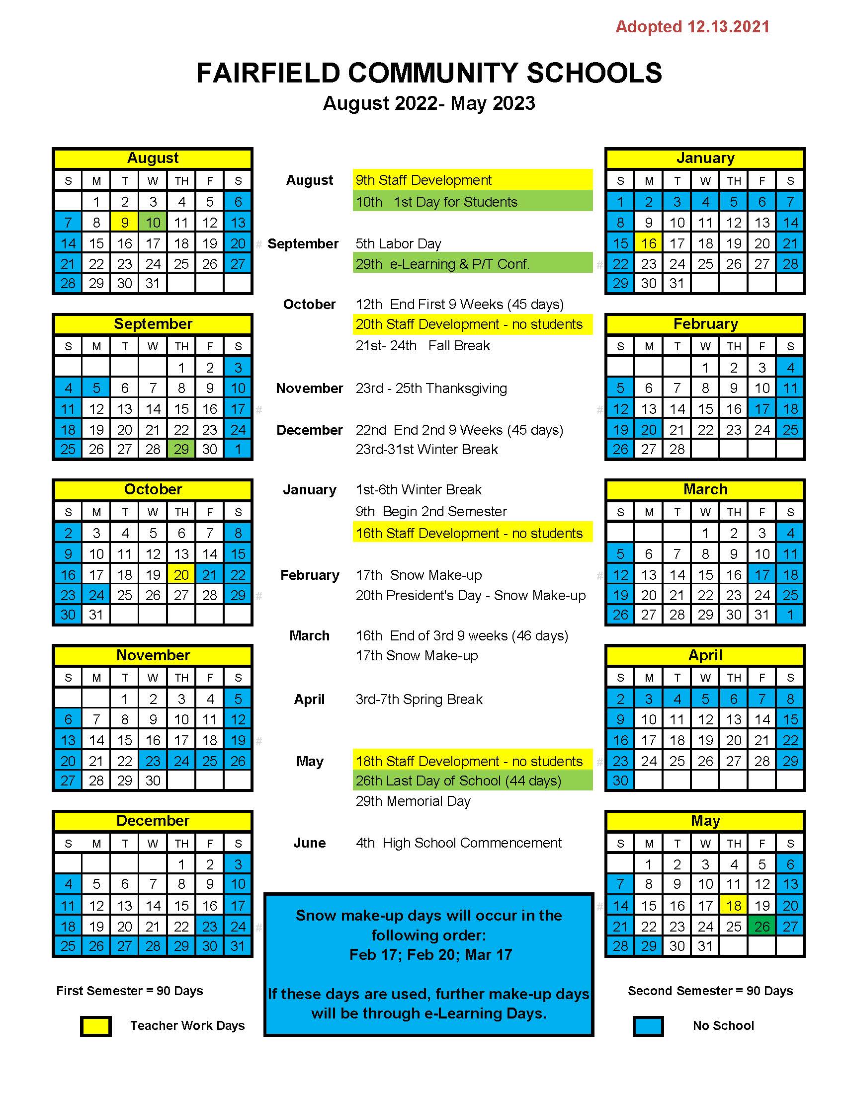 School Calendar Fairfield Community Schools