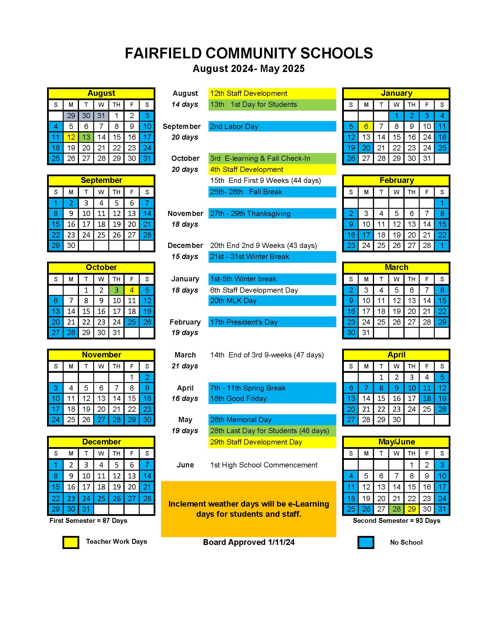 School Calendar Fairfield Community Schools