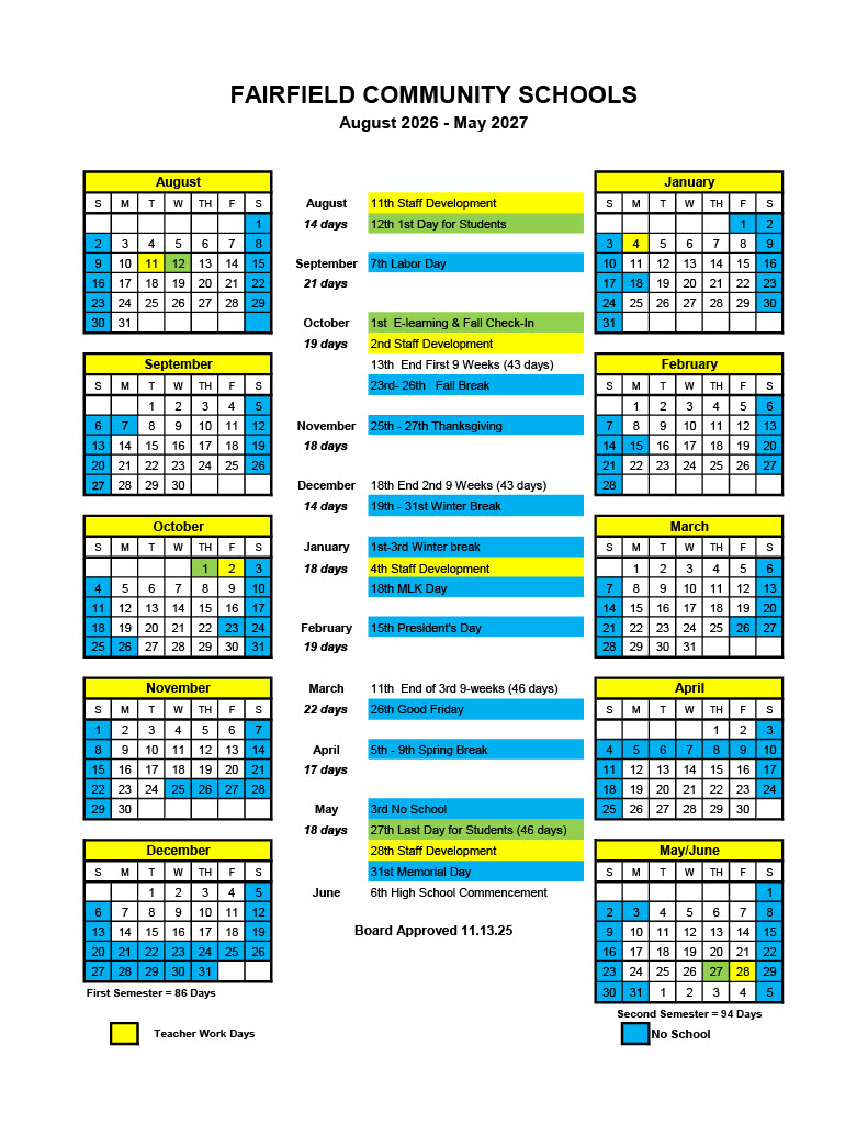 School Calendar | Fairfield Community Schools
