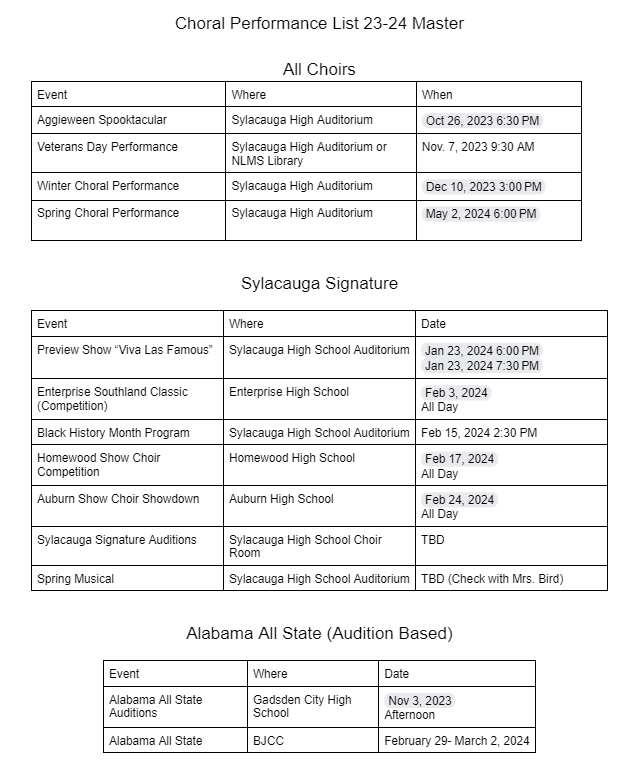 Choral Master Schedule