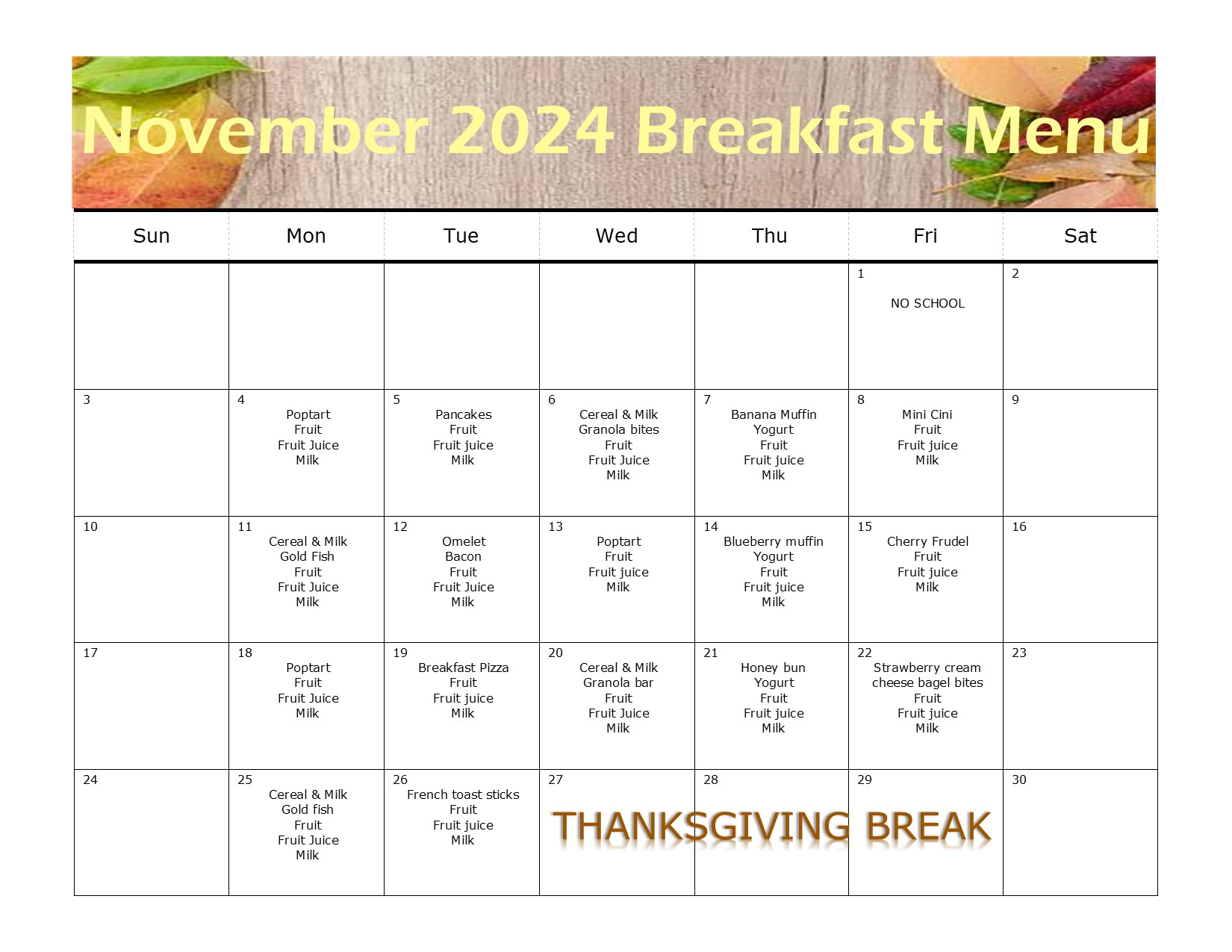 November Breakfast Menu