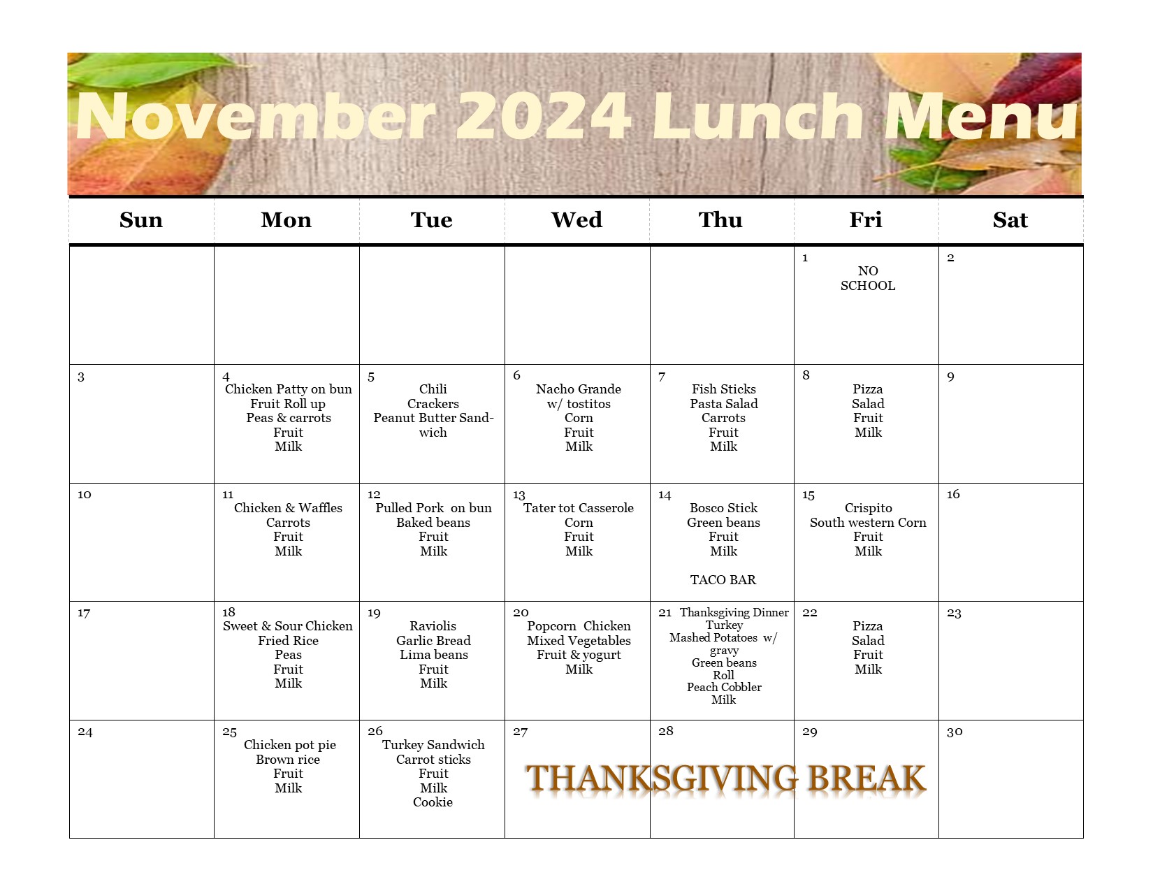 November Lunch Menu