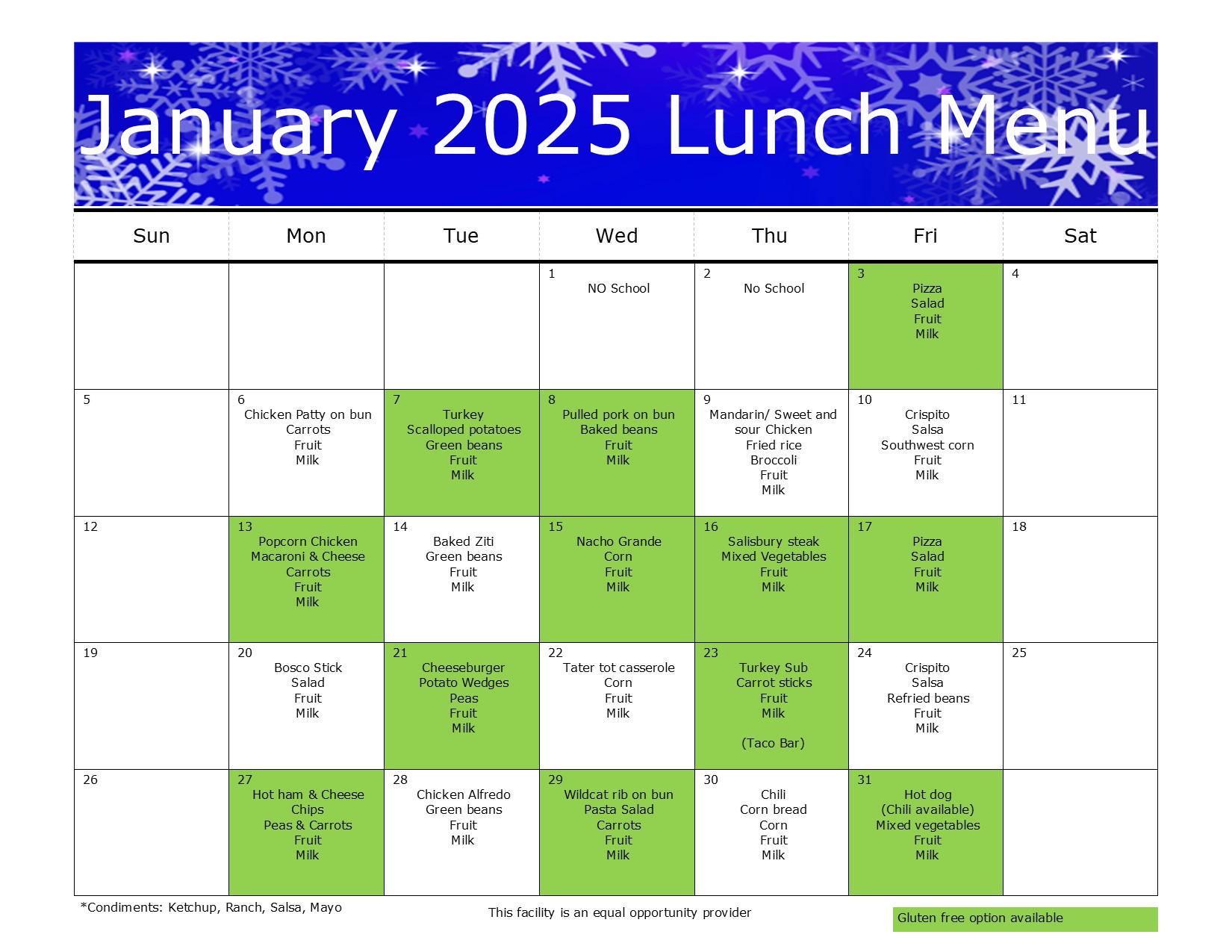 January Lunch Menu 