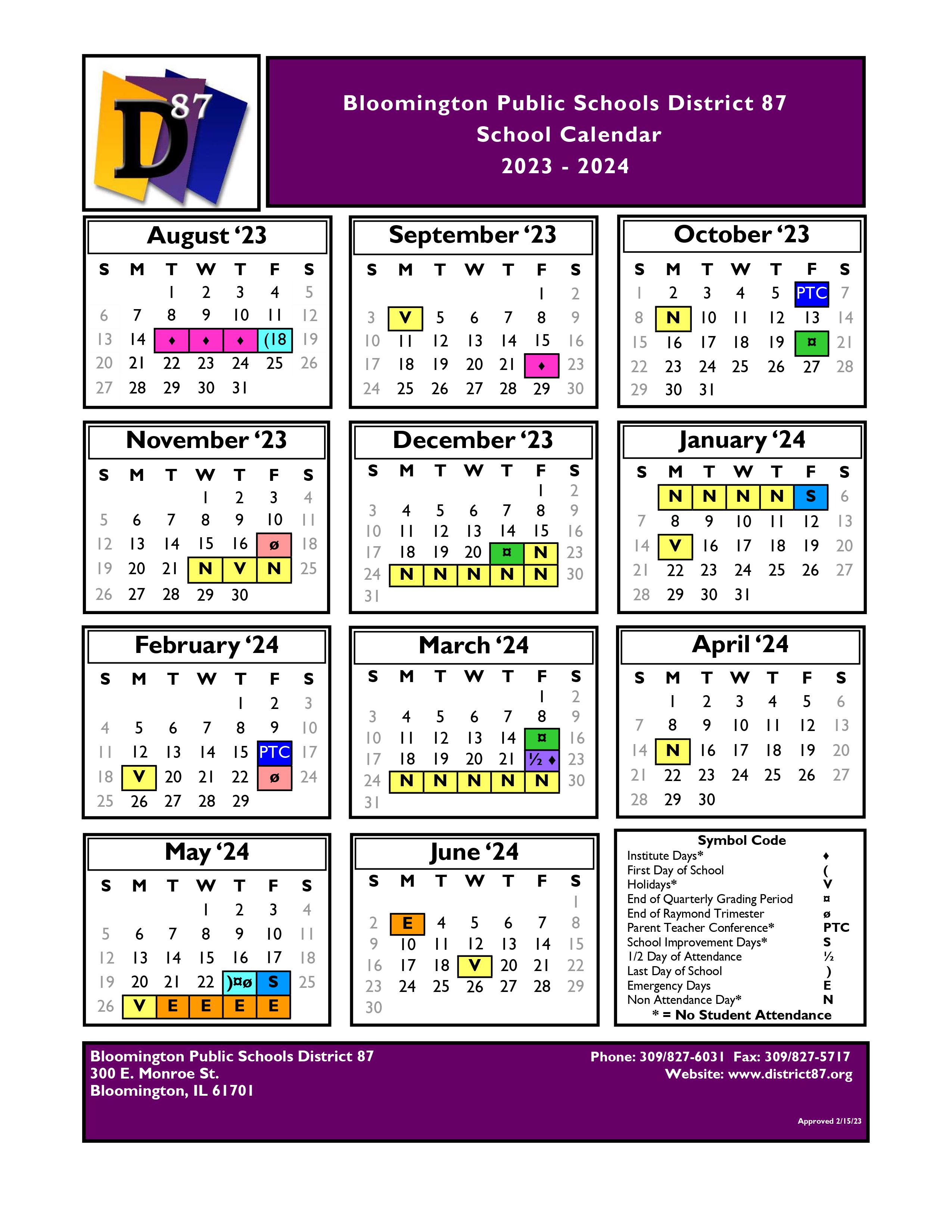 District 87 23 24 Calendar Washington Elementary School