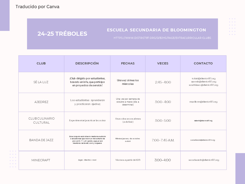 BJHS Extracurricular Clubs Spanish Version