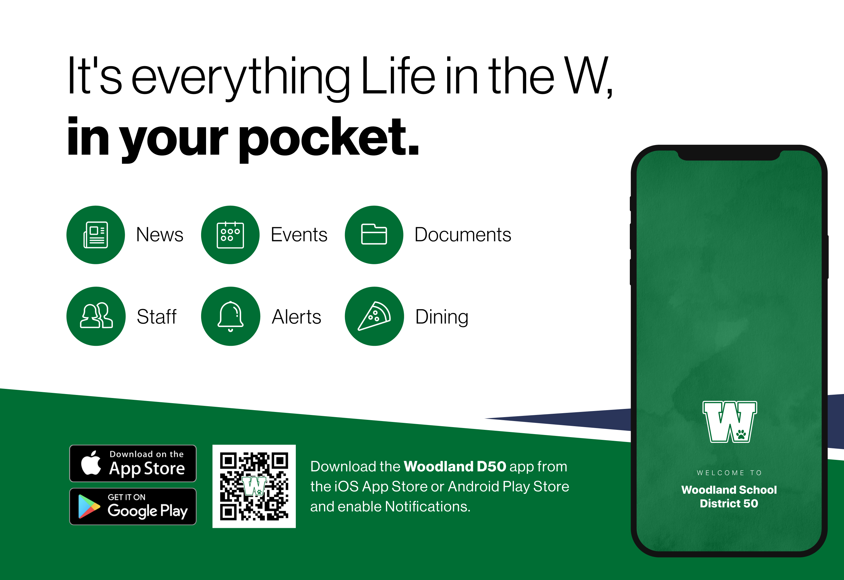 Woodland D50 phone app. Everything Life in the W in your pocket