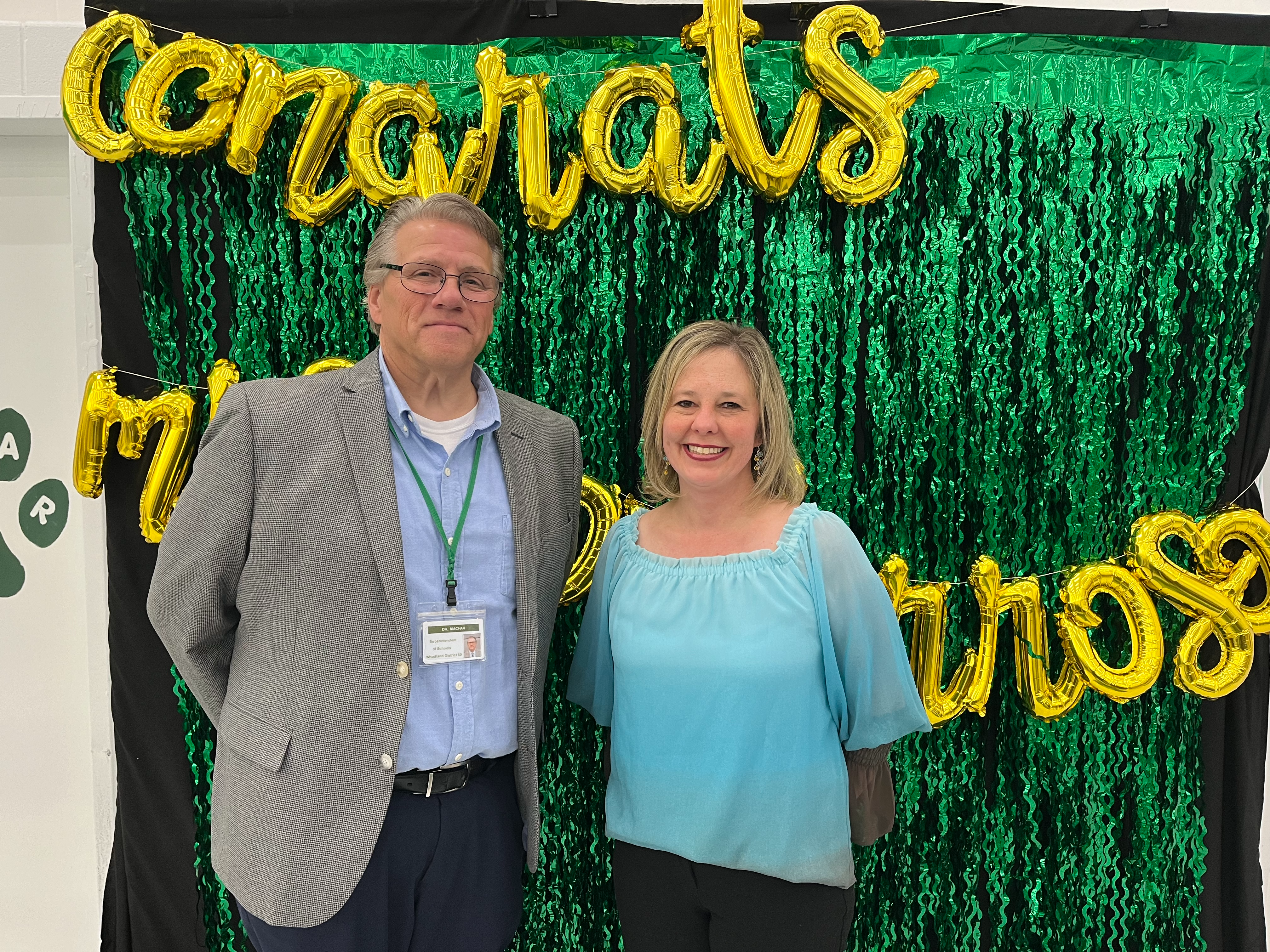 Picture of Dr. Machak and Carrie Monterroso, Woodland's Teacher of the Year for 2023-2024