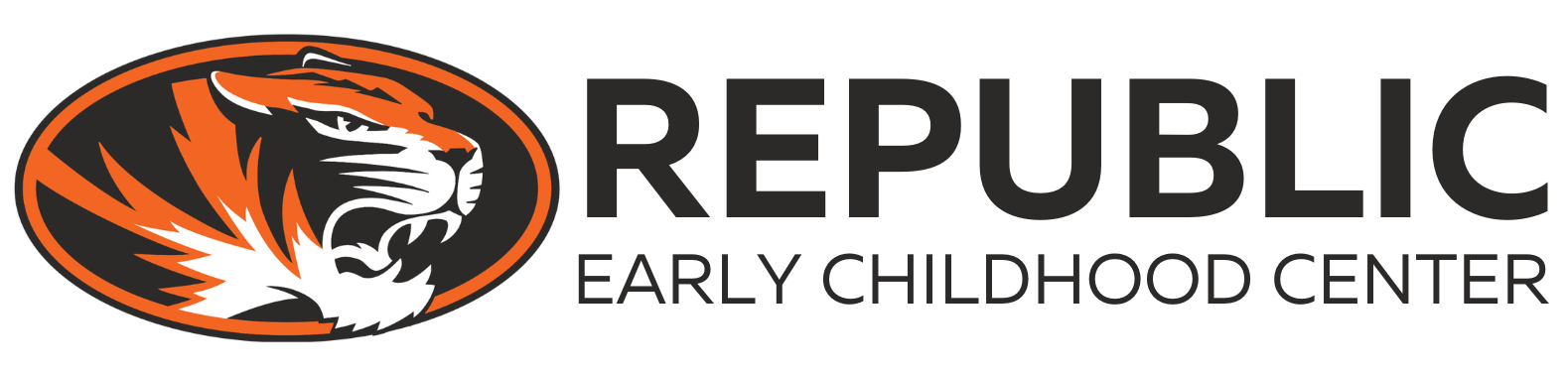 White background, orange tiger head, gray lettering with the words, "REPUBLIC EARLY CHILDHOOD CENTER"