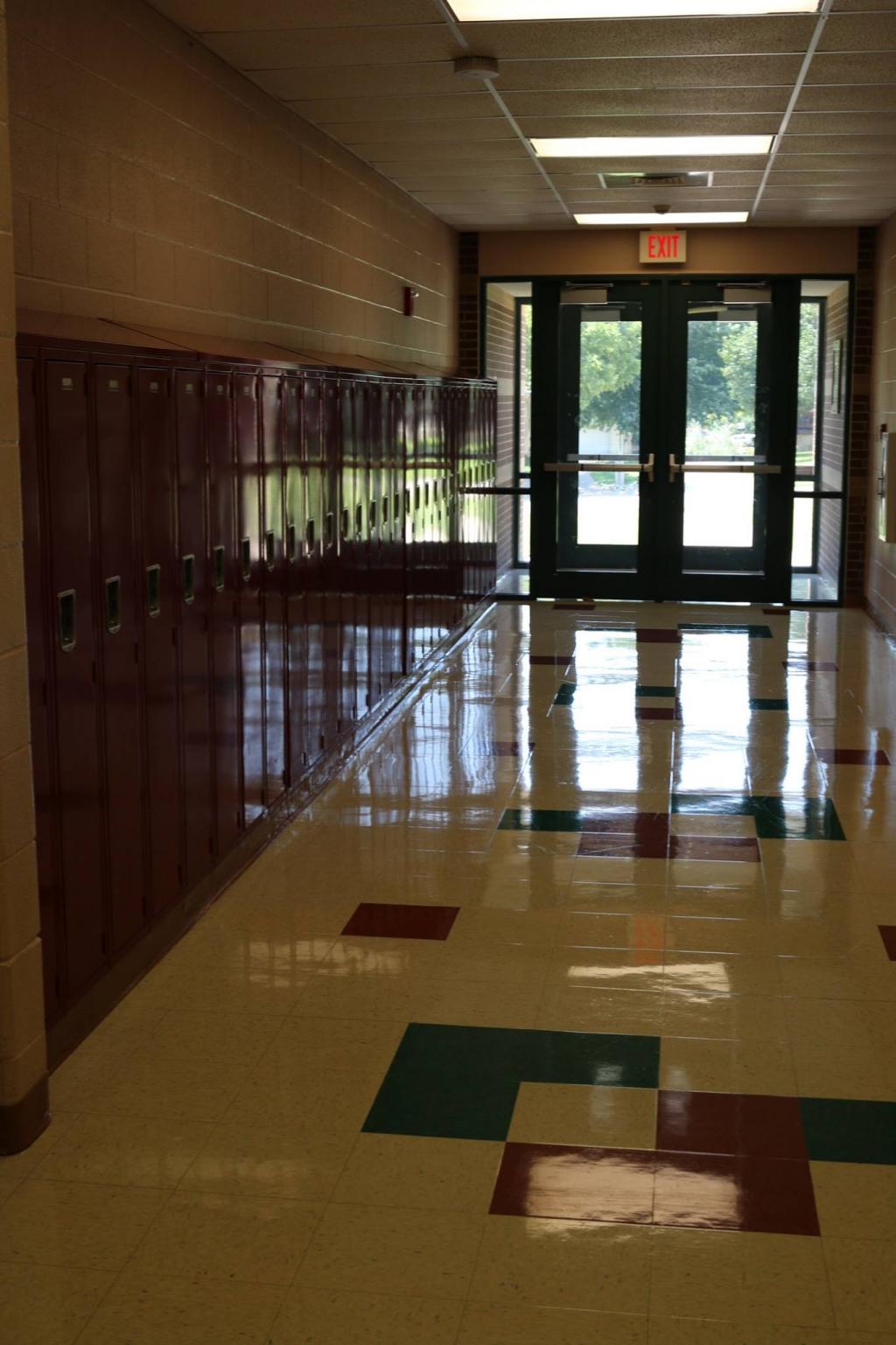 A photo of lockers in the school hallway