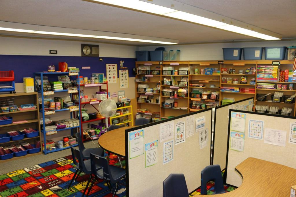 A photo of a classroom divided into different stations/areas for students to work