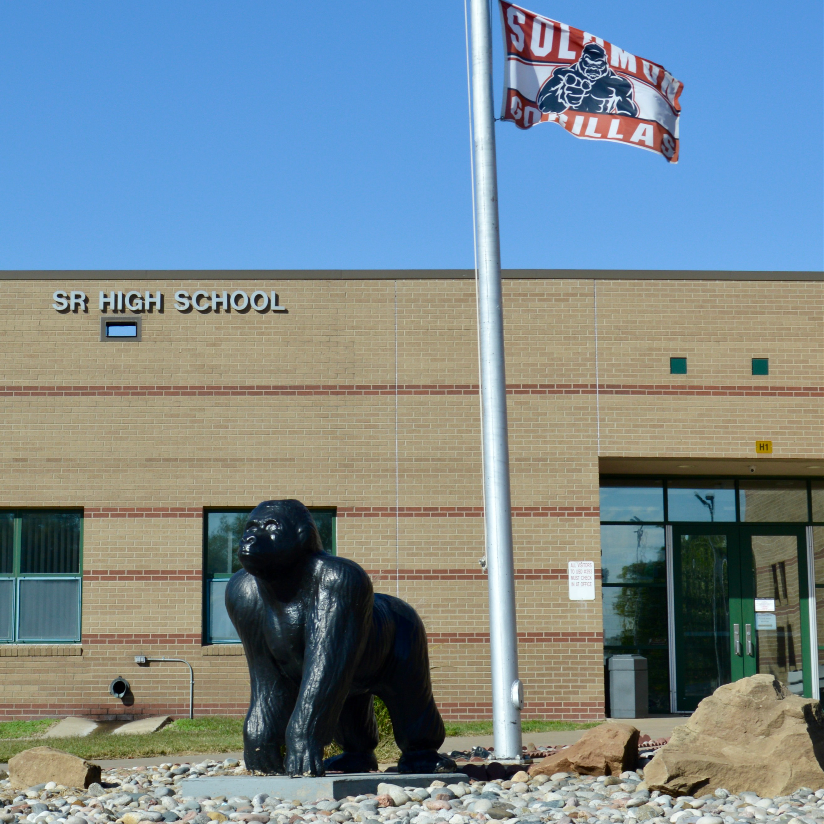 A photo of the front of the school and a statue of the gorilla school mascot