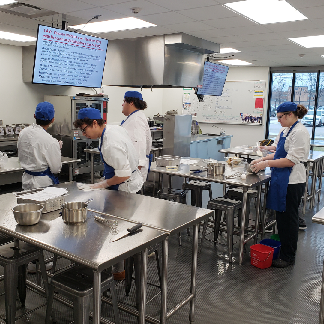 CTECH students in the kitchen for hospitality class.