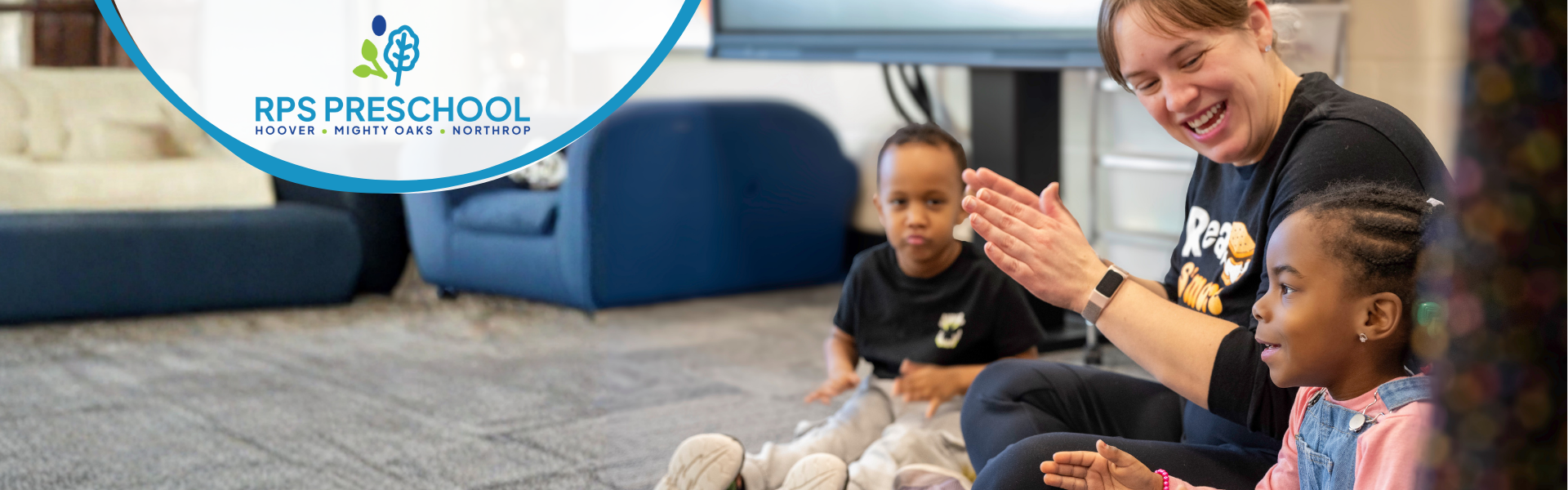RPS Preschool logo with students clapping along to a music pattern with their teacher.