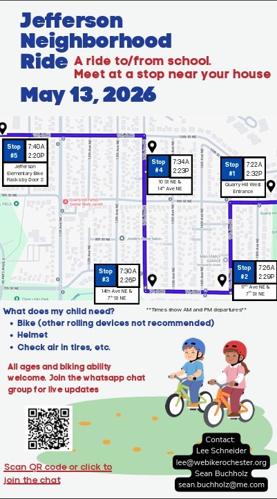 Jefferson Neighborhood Ride.  A ride to/from school. Meet at a stop near your house. May 13, 2026. 