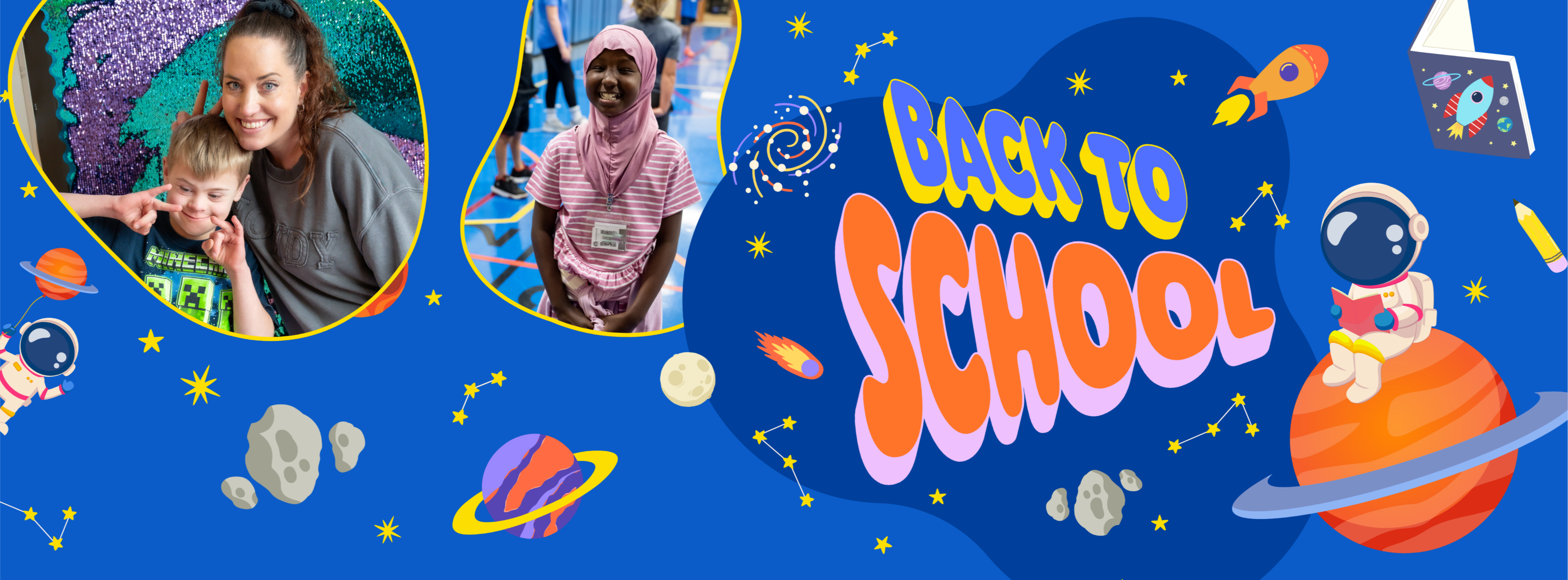 Back to School text with a galaxy space theme including planets, rockets, and astronauts.