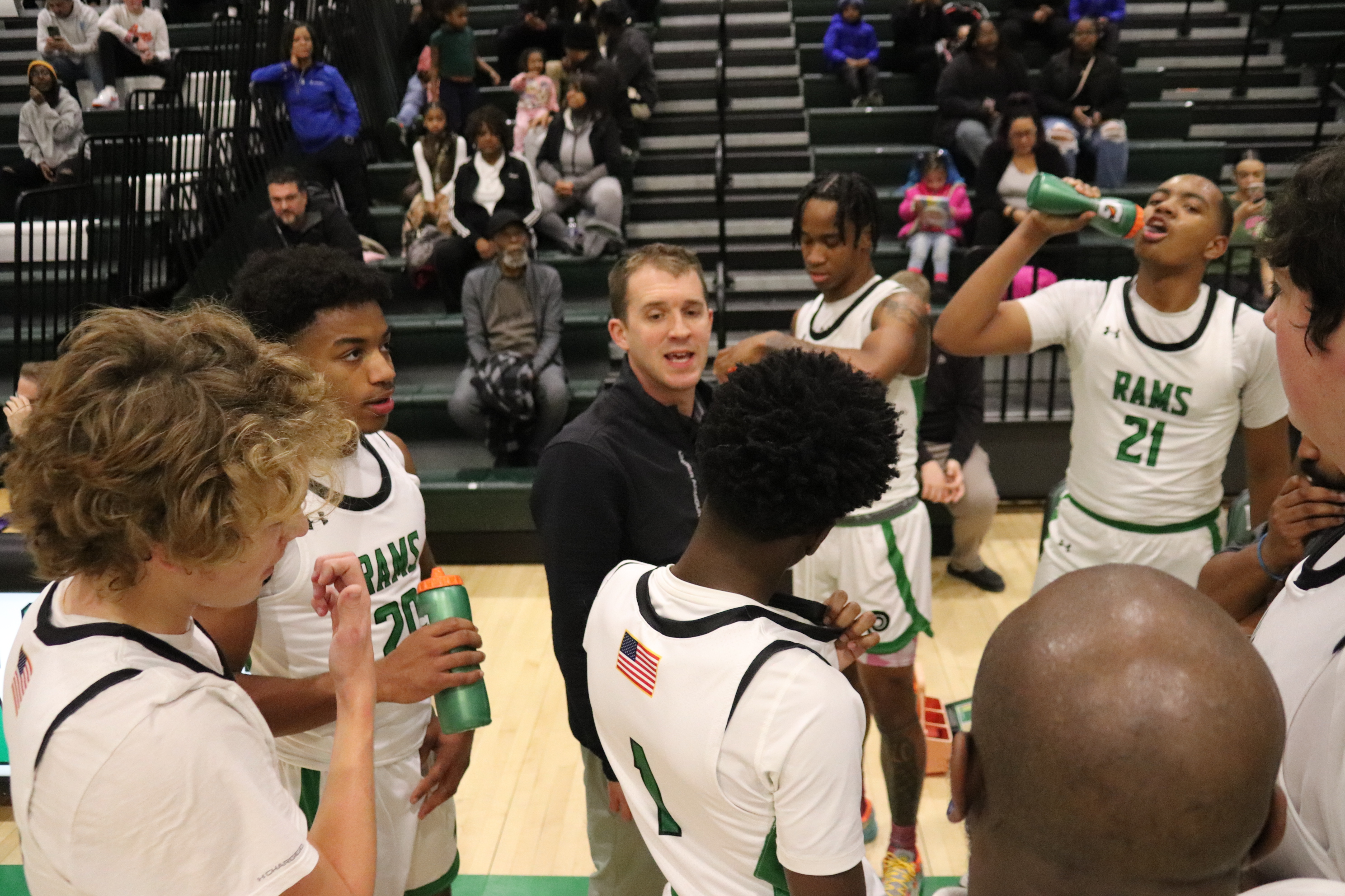 Image of Coach in a huddle talking with players