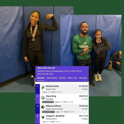 Image of indoor track athlete celebrating her silver place finish
