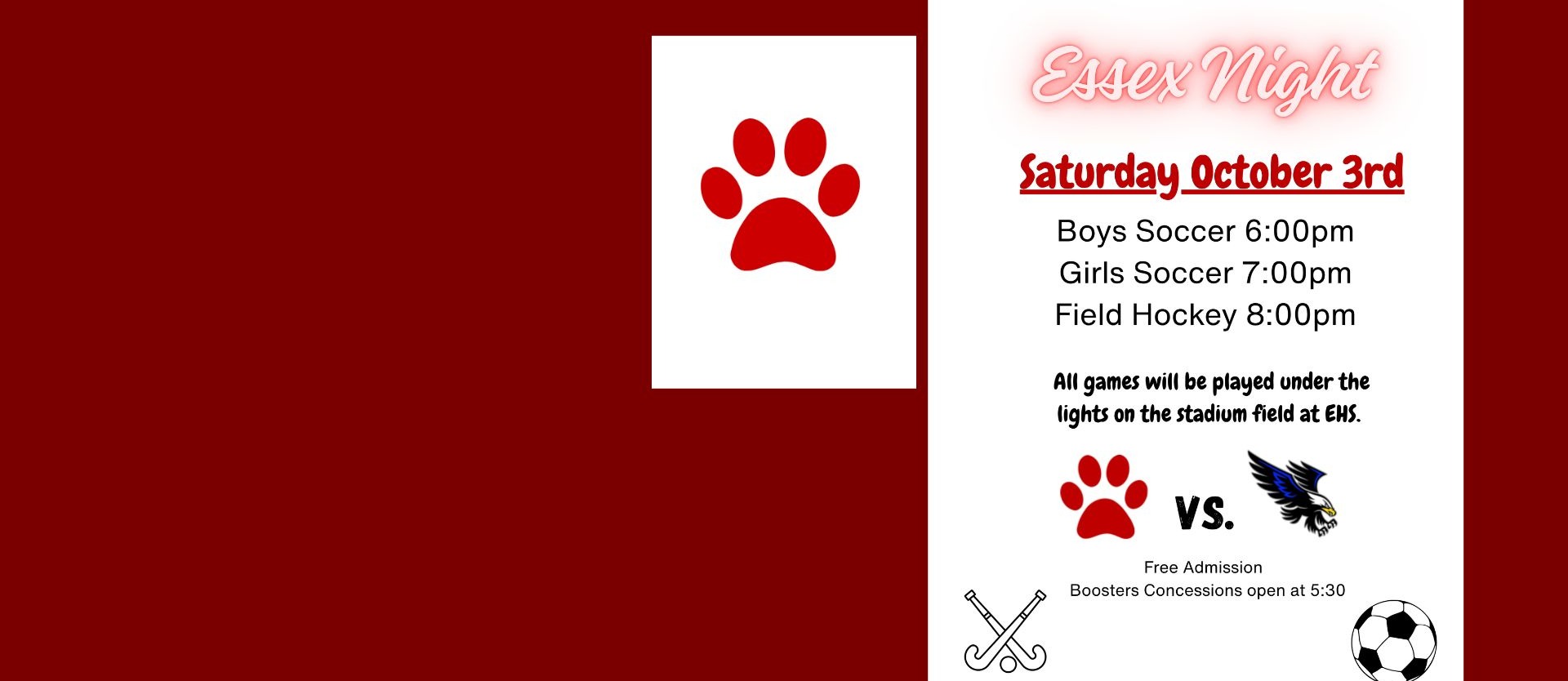 Two white flyers on a red background. The left flyer features a red paw print. The right flyer has a soccer ball and a field hockey stick.