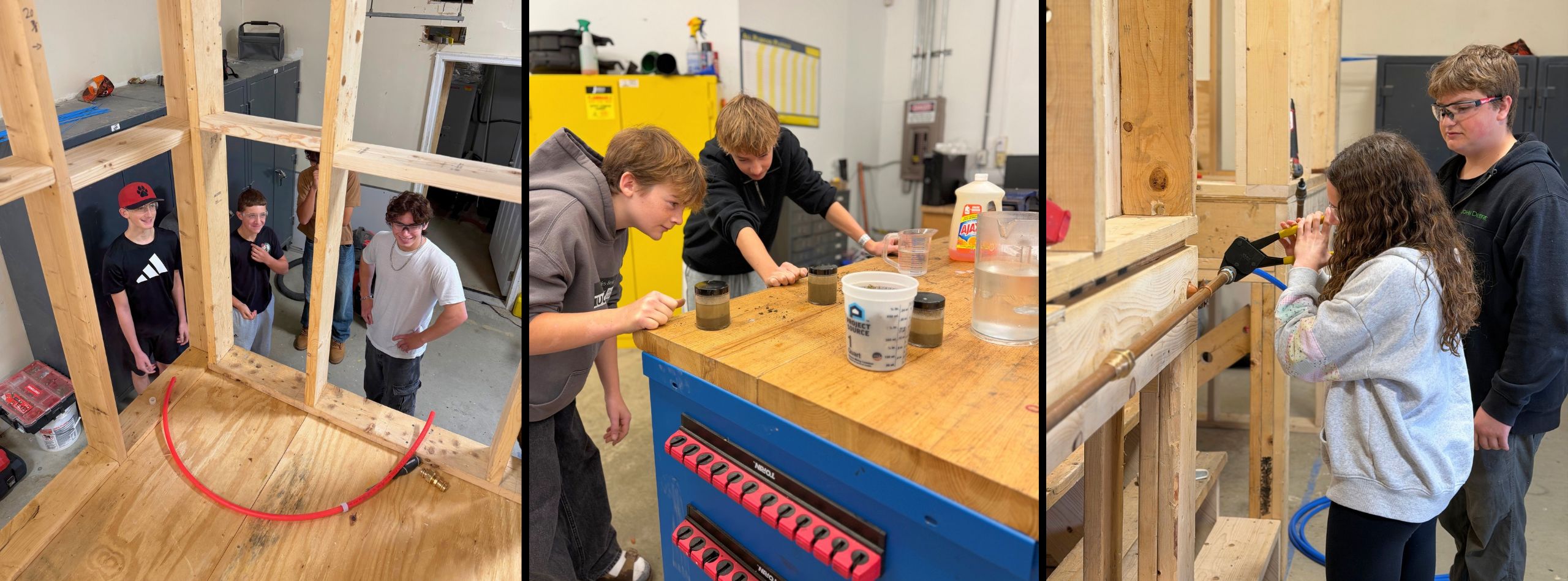 Students working in a wood shop. One uses a drill on a wooden piece. Another holds a saw.